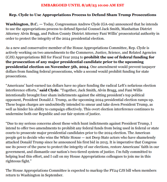 Rep. Clyde to Use Appropriations Process to Defund Sham Trump Prosecutions ad-mania